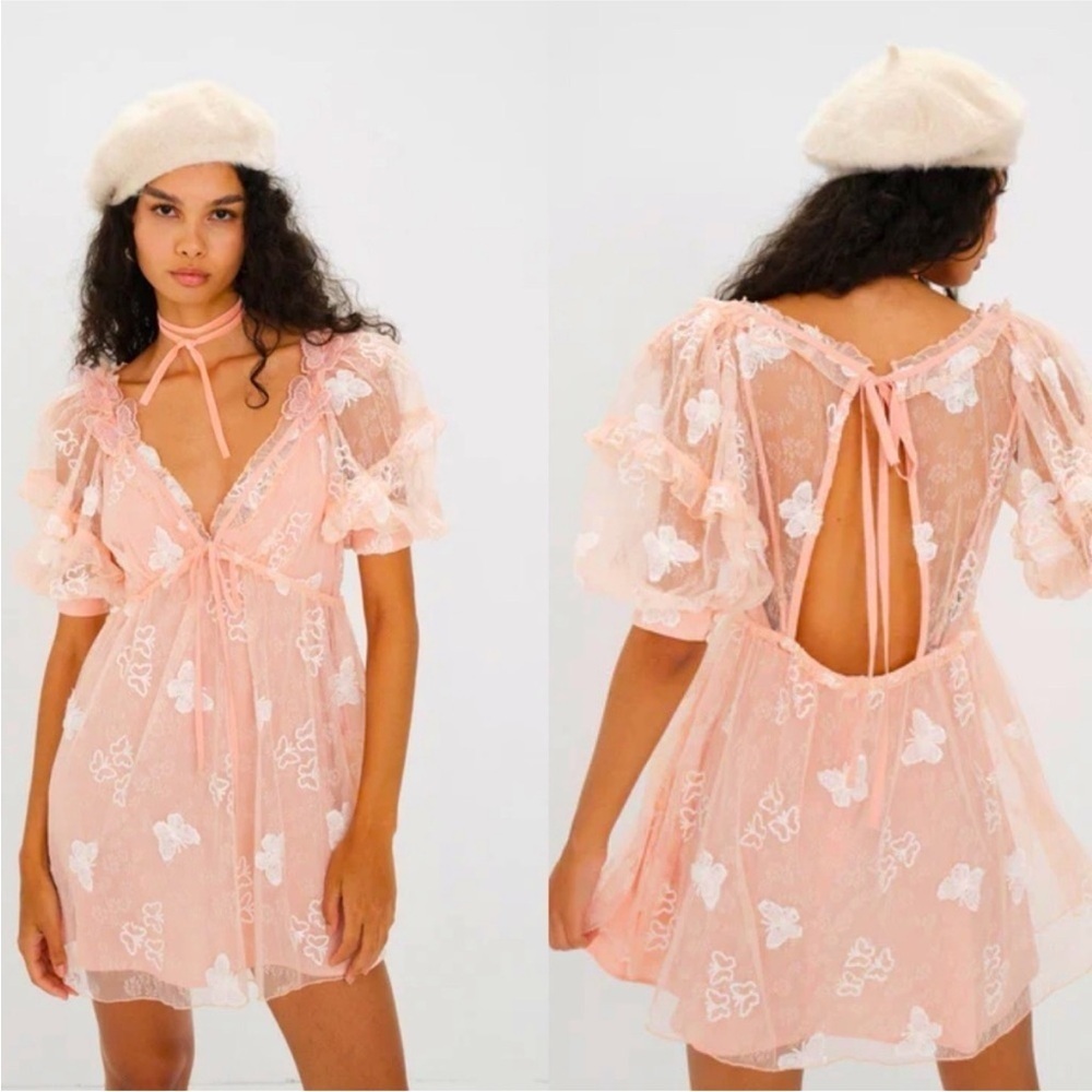 NEW For Love and Lemons size M Shari Mini Dress Butterfly Lace Pink Peach
